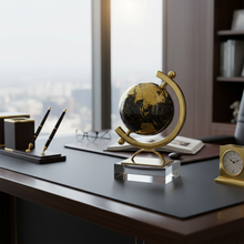 Rotating World Globe Decor with Gold Meridian Arc and Crystal Base — WIMU Kitchen Nairobi — Kenya · WIMU Kitchen