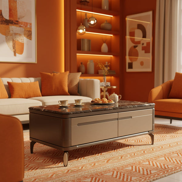 FCT1279 Dark Marble Coffee Table with Storage Drawers and Tapered Metallic Legs — WIMU Kitchen Nairobi — Kenya · WIMU Kitchen Nairobi