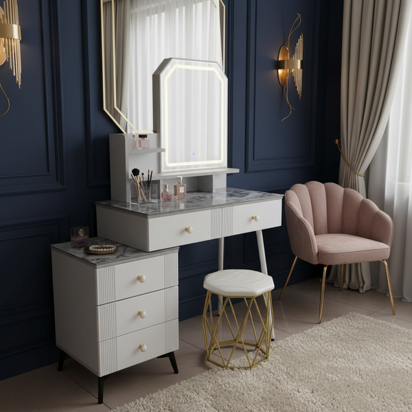 Marble-Top LED Vanity Dressing Table with Octagon Touch Mirror, 5 Drawers & Stool — WIMU Kitchen Nairobi — Kenya · WIMU Kitchen Nairobi