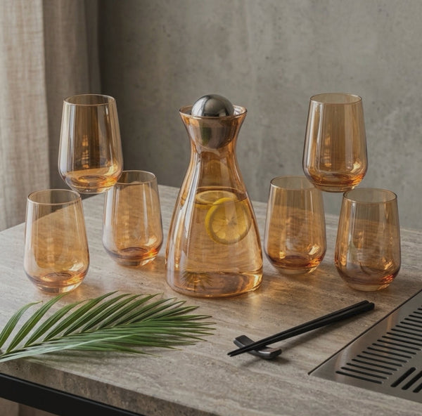 7 Piece Golden Glass Decanter Set with 6 Matching Glasses — WIMU Kitchen Nairobi — Kenya · WIMU Kitchen Nairobi