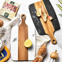 Acacia wood cheese and charcuterie board with marble inlay – close-up — Kenya · WIMU Kitchen