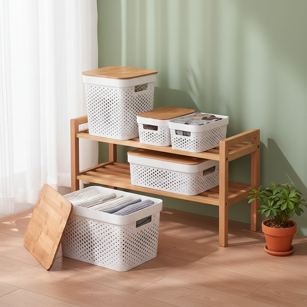 Storage Basket with Bamboo Lid – 17L Modern Lidded Organiser (36.5cm) — WIMU Kitchen Nairobi — Kenya · WIMU Kitchen Nairobi