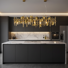 Linear sculptural Brass Grid Chandelier with Floating rods , Irregular Brass discs & hidden LED bulbs — Kenya · WIMU Kitchen