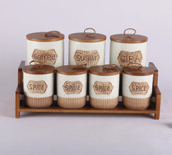 7 Piece Rustic Ceramic Canister Set with 2-Tier Wooden Stand - Ribbed Jars in Black or White — WIMU Kitchen Nairobi — Kenya · WIMU Kitchen