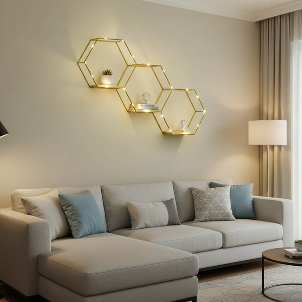 Hexagon Wall Shelf with LED Lights - 3-Piece Gold Iron Honeycomb Floating Shelves — WIMU Kitchen Nairobi — Kenya · WIMU Kitchen Nairobi