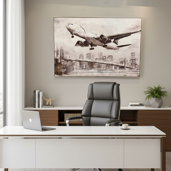 Plane Flying Over City Oil Painting 100x100cm — Kenya · WIMU Kitchen Nairobi