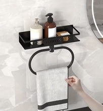Black Wall-Mounted Towel Rack with Storage Shelf — WIMU Kitchen Nairobi — Kenya · WIMU Kitchen