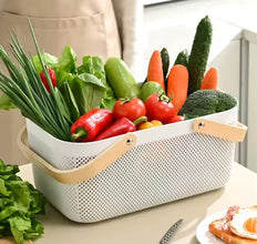Large Mesh Storage Basket with Wooden Handle — view 2 — Kenya · WIMU Kitchen