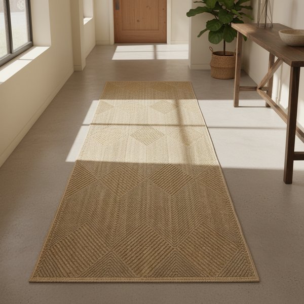 Timeless Woven Geometric Diamond and Chevron Corridor Runner Rug in Beige and Brown, 3m or 4m — WIMU Kitchen Nairobi — Kenya · WIMU Kitchen Nairobi