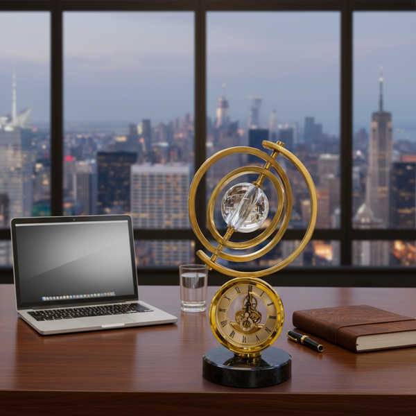 Gold Skeleton Table Clock with Crystal Sphere Armillary and Marble Base — WIMU Kitchen Nairobi — Kenya · WIMU Kitchen Nairobi