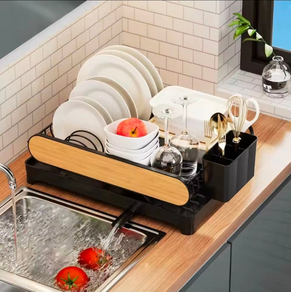Black and Wood Grain Countertop Dish Drying Rack with Wine Glass Slots — WIMU Kitchen Nairobi — Kenya · WIMU Kitchen Nairobi