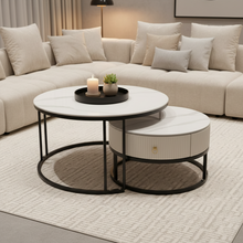 2-Piece Marble Top Nesting Coffee Table Set with Storage Drawer - Black Metal Round Frames — WIMU Kitchen Nairobi — Kenya · WIMU Kitchen