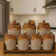 7 Piece Speckled Ceramic Spice Jar Set with Wooden Stand - Ribbed Jars with Wood Lids and Leather Loops — WIMU Kitchen Nairobi — Kenya · WIMU Kitchen