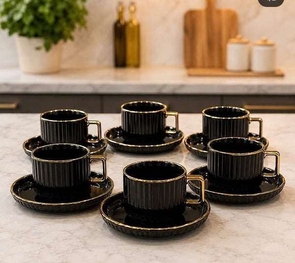 European Style Ceramic Coffee Cup and Saucer Set, 6 Cups 300ml with Gold Handles — WIMU Kitchen Nairobi — Kenya · WIMU Kitchen Nairobi