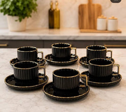 European Style Ceramic Coffee Cup and Saucer Set, 6 Cups 300ml with Gold Handles — WIMU Kitchen Nairobi — Kenya · WIMU Kitchen