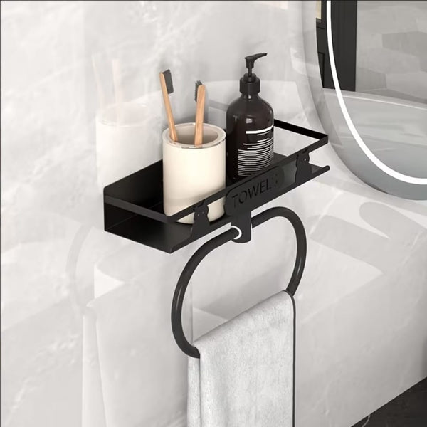 Black Wall-Mounted Towel Rack with Storage Shelf — WIMU Kitchen Nairobi — Kenya · WIMU Kitchen Nairobi