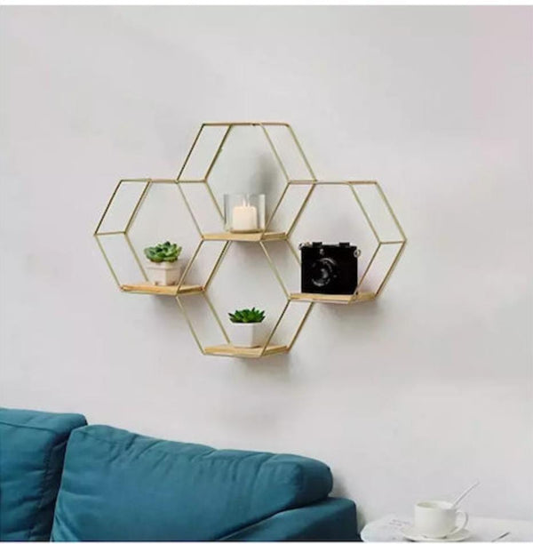 4-Piece Hexagon Floating Wall Shelf Set – Gold Metal Frame with Wood Base — WIMU Kitchen Nairobi — Kenya · WIMU Kitchen Nairobi