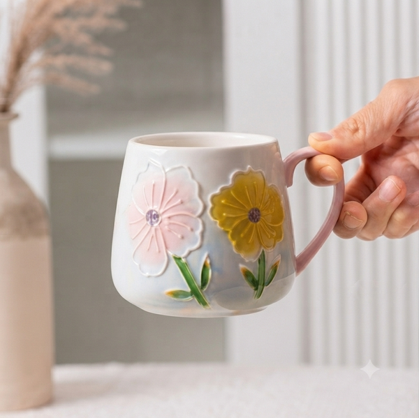 Hand-Painted Embossed Flower Mug Set – 450ml, 3 Print Designs — WIMU Kitchen Nairobi — Kenya · WIMU Kitchen Nairobi