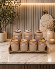 7 Piece Speckled Ceramic Spice Jar Set with Wooden Stand - Ribbed Jars with Wood Lids and Leather Loops — WIMU Kitchen Nairobi — Kenya · WIMU Kitchen