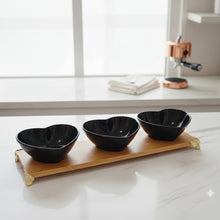 3 Heart-Shaped Black Ceramic Bowls on Bamboo Tray for Snacks & Dips — WIMU Kitchen Nairobi — Kenya · WIMU Kitchen