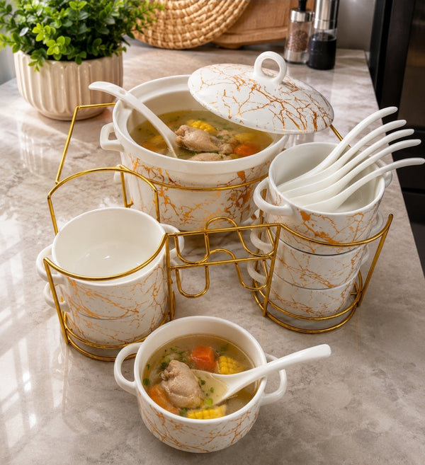 15-Piece Ceramic Soup Set with Gold Holder – White — Kenya · WIMU Kitchen Nairobi