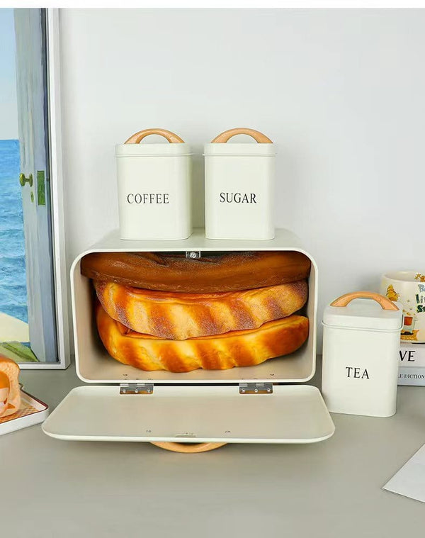 4 Piece Bread Bin and Tea Coffee Sugar Canister Set - Cream Metal with Wood Accents and Airtight Lids — WIMU Kitchen Nairobi — Kenya · WIMU Kitchen Nairobi