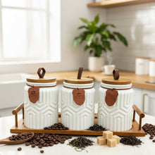 7 Piece Ceramic Storage Jar Set with Wooden Stand - Geometric Embossed Jars with Bamboo Lids — WIMU Kitchen Nairobi — Kenya · WIMU Kitchen