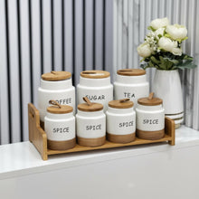 7 Piece Ceramic Canister Set with Wooden Stand - White Speckled Jars with Leather Loop Lids — WIMU Kitchen Nairobi — Kenya · WIMU Kitchen