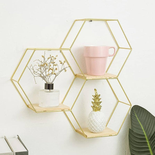 3-Piece Hexagon Wall Shelf Set - Gold Metal Frame Wood Floating Shelves for Home Decor — WIMU Kitchen Nairobi — Kenya · WIMU Kitchen Nairobi