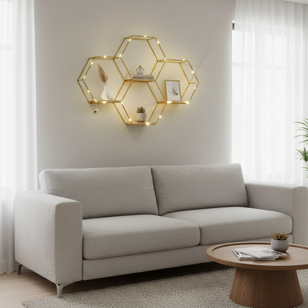 4-Piece Hexagon Wall Shelf with LED Lights, Matte Gold Floating Honeycomb Shelves — WIMU Kitchen Nairobi — Kenya · WIMU Kitchen Nairobi