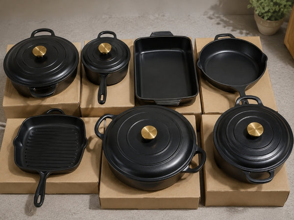 NSFE 11 pcs Enamel Cast iron cooking pots

💠With Gold knobs — Kenya · WIMU Kitchen Nairobi