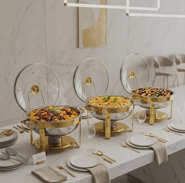 5L Round Stainless Steel Chafing Dish with Glass Lid, Two Food Pans and Gold Detailing — WIMU Kitchen Nairobi — Kenya · WIMU Kitchen Nairobi