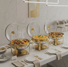 5L Round Stainless Steel Chafing Dish with Glass Lid, Two Food Pans and Gold Detailing — WIMU Kitchen Nairobi — Kenya · WIMU Kitchen