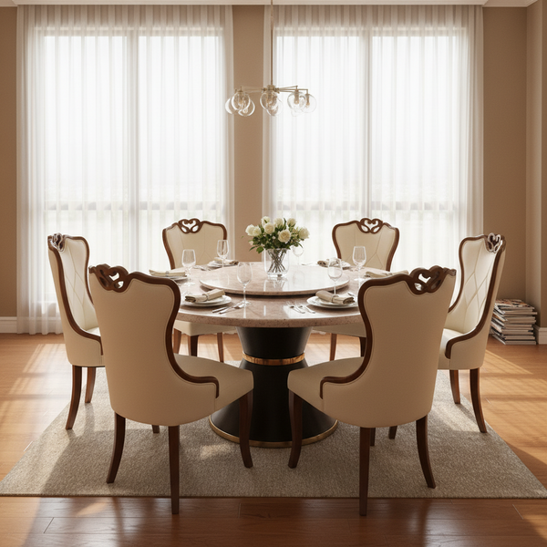 Round Marble-Pattern Dining Table with Lazy Susan and 6 Upholstered Chairs — WIMU Kitchen Nairobi — Kenya · WIMU Kitchen Nairobi