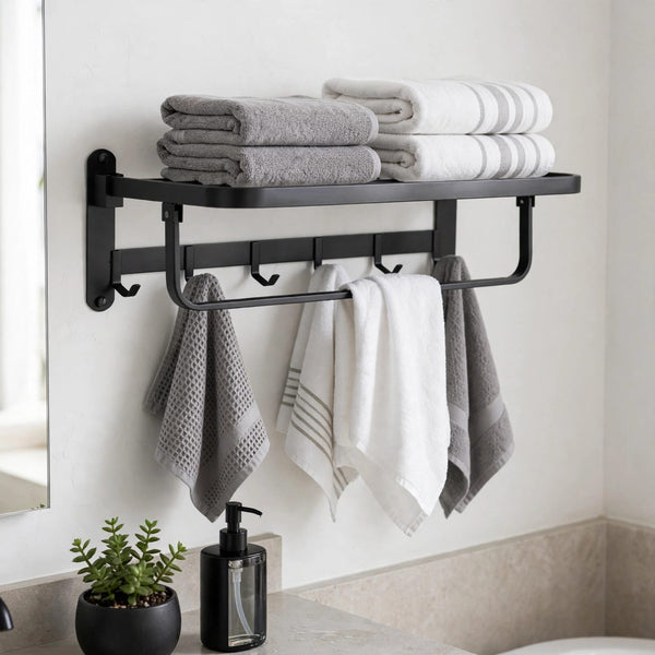 Wall Mounted Foldable Towel Rack with Shelf and Hooks, 60 x 24 x 18cm — WIMU Kitchen Nairobi — Kenya · WIMU Kitchen Nairobi