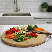 Round bamboo chopping and serving board with handle – detail — Kenya · WIMU Kitchen