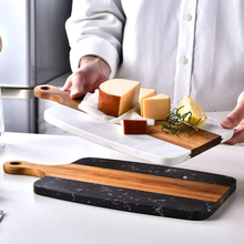 Acacia wood cheese and charcuterie board with marble inlay – side view — Kenya · WIMU Kitchen