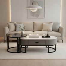 Oval Coffee Table Set with Drawer FCT 002 - Marble-Pattern Top with Nesting Side Table — WIMU Kitchen Nairobi — Kenya · WIMU Kitchen