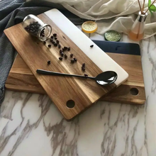 Acacia wood cutting and charcuterie board with marble stitch inlay – in use — Kenya · WIMU Kitchen