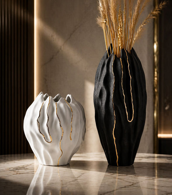Sculptural Vase Set of 2 - Black and White Vases with Gold Vein Detailing — WIMU Kitchen Nairobi — Kenya · WIMU Kitchen Nairobi