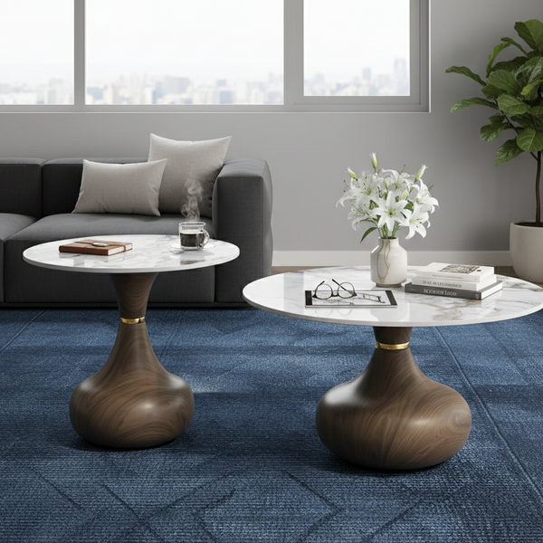 Marble-Top Nesting Coffee Tables - 2 Round Tables with White or Brown Aluminium Pedestal Bases — WIMU Kitchen Nairobi — Kenya · WIMU Kitchen Nairobi