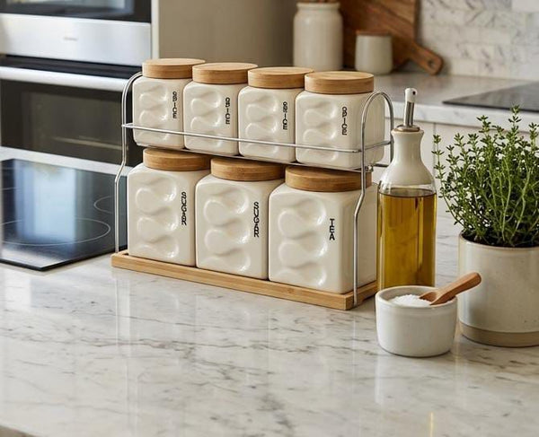 Ribbed 8-Piece Ceramic Canister Set with Bamboo Lids & Tray — WIMU Kitchen Nairobi — Kenya · WIMU Kitchen Nairobi