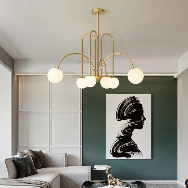 Brass Arch Globe Chandelier / Opal Bubble Ceiling Light — Kenya · WIMU Kitchen Nairobi