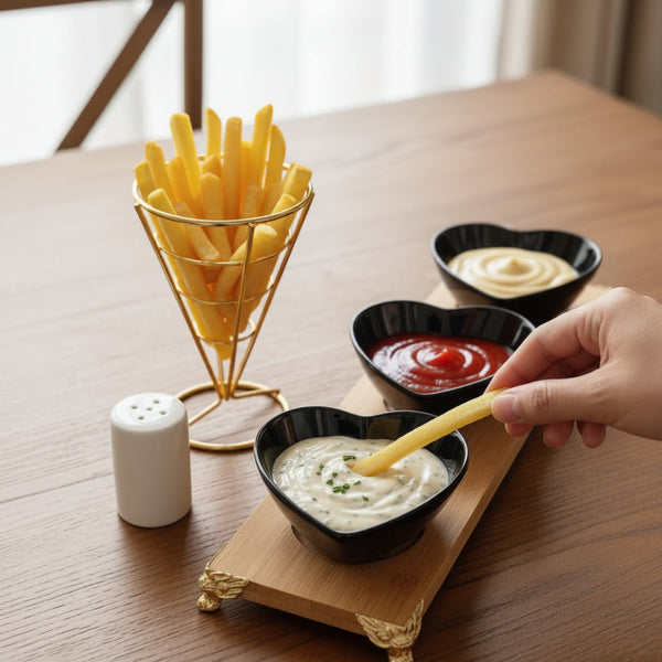 3 Heart-Shaped Black Ceramic Bowls on Bamboo Tray for Snacks & Dips — WIMU Kitchen Nairobi — Kenya · WIMU Kitchen Nairobi