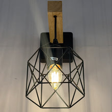 Black Geometric Cage Wall Light, Wood Accent, E27 — view 3 — Kenya · WIMU Kitchen