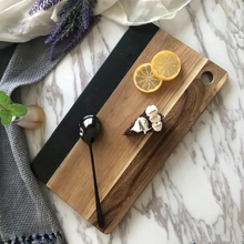 Acacia wood cutting and charcuterie board with marble stitch inlay – detail — Kenya · WIMU Kitchen