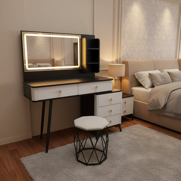 Black & White LED Vanity Dressing Table with 5 Drawers, Mirror & Cushioned Stool — WIMU Kitchen Nairobi — Kenya · WIMU Kitchen Nairobi
