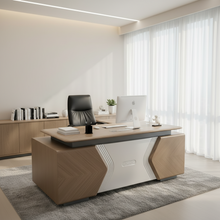 2 Metre Executive Office Desk in Chevron Oak with Silver Geometric Front and Power Port — WIMU Kitchen Nairobi — Kenya · WIMU Kitchen