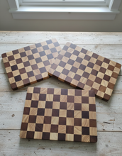 Rectangular acacia wood cutting and serving board, checkerboard pattern – side view — Kenya · WIMU Kitchen