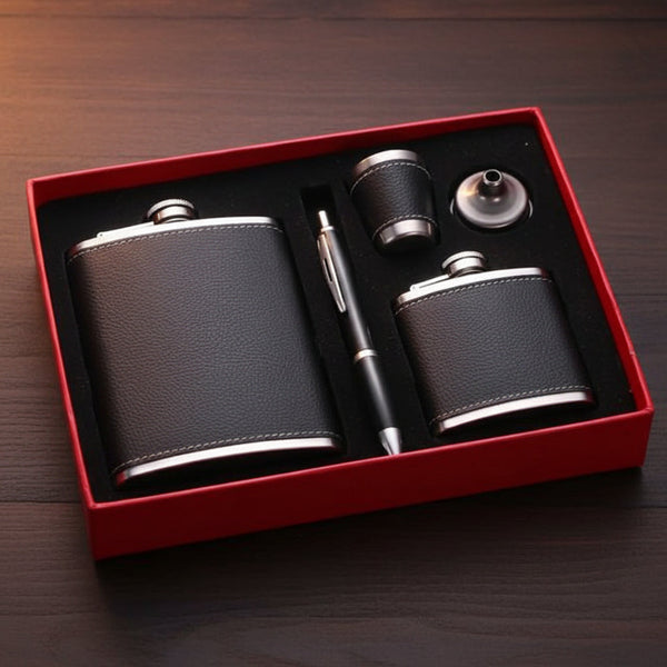 Black Leather Covered Whiskey Flask Gift Set — Kenya · WIMU Kitchen Nairobi